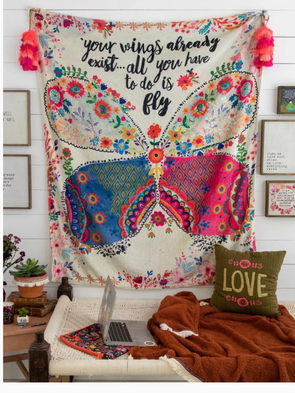 Natural Life Inspirational Butterfly Cozy Throw- Wall Hanging- Multicolor